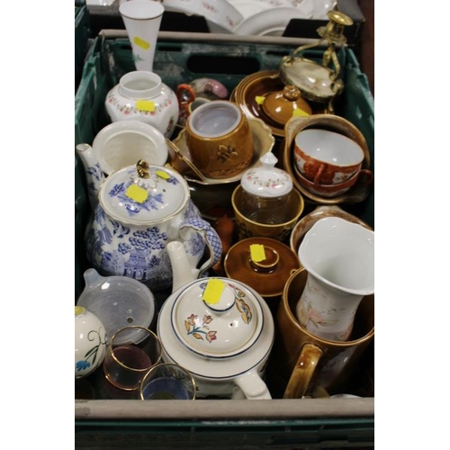 104 - THREE TRAYS OF ASSORTED CERAMICS AND GLASS ETC TO INCLUDE HORNSEA