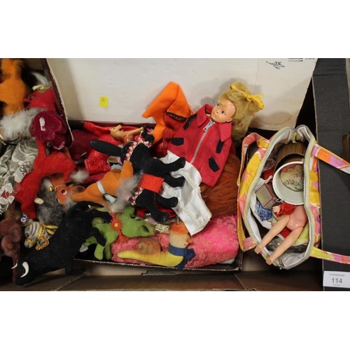 114 - THREE TRAYS OF ASSORTED VINTAGE TOYS, ANNUALS AND VINTAGE DOLLS