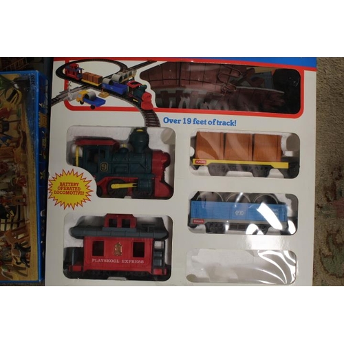 144 - A QUANTITY OF PLAYMOBIL WILD WEST TOYS AND A PLAYSKOOL EXPRESS TRAIN (UNCHECKED)