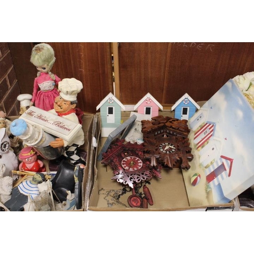 145 - TWO TRAYS OF SUNDRIES TO INCLUDE CUCKOO CLOCKS ,NOVELTY WINE BOTTLE HOLDER ETC