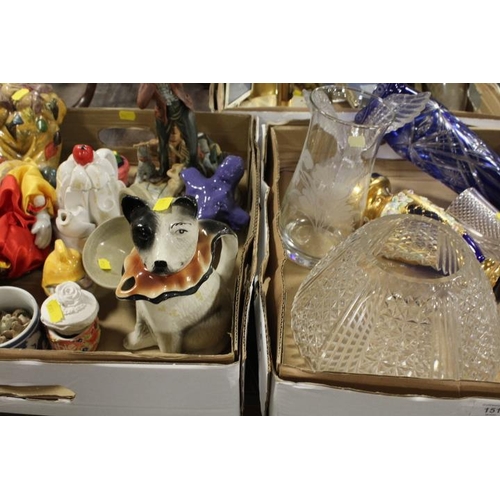 151 - A TRAY OF ASSORTED GLASSWARE TOGETHER WITH A TRAY OF ASSORTED CERAMIC FIGURES