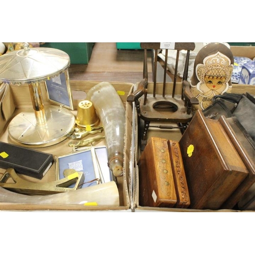 157 - TWO TRAYS OF TREEN AND SUNDRIES TO INCLUDE A SET OF RUSSIAN DOLLS , WOODEN BOXES ETC