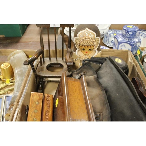 157 - TWO TRAYS OF TREEN AND SUNDRIES TO INCLUDE A SET OF RUSSIAN DOLLS , WOODEN BOXES ETC