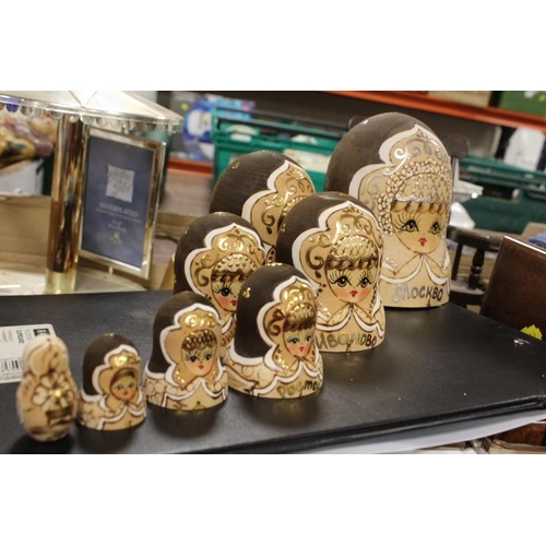 157 - TWO TRAYS OF TREEN AND SUNDRIES TO INCLUDE A SET OF RUSSIAN DOLLS , WOODEN BOXES ETC