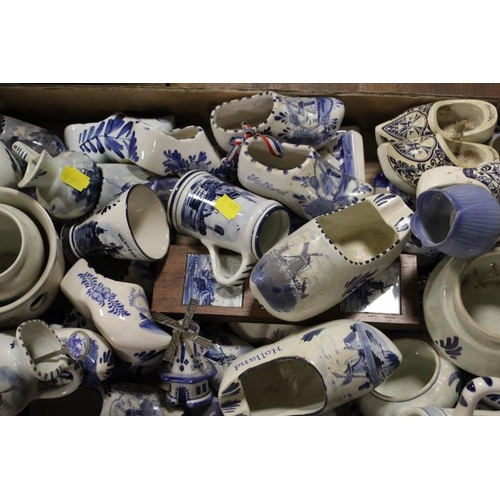 167 - THREE TRAYS OF MAINLY DUTCH BLUE/WHITE CERAMICS TO INCLUDE COW CREAMERS , WINDMILLS ETC