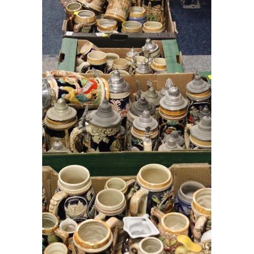 171 - FOUR TRAYS OF CERAMICS BEER STEINS AND TANKERS