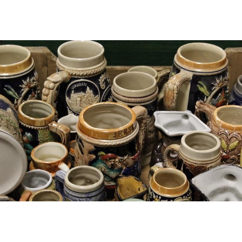 171 - FOUR TRAYS OF CERAMICS BEER STEINS AND TANKERS