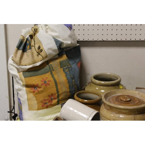 182 - A TRAY OF STONE WARE JARS TOGETHER WITH A BAG OF LINEN