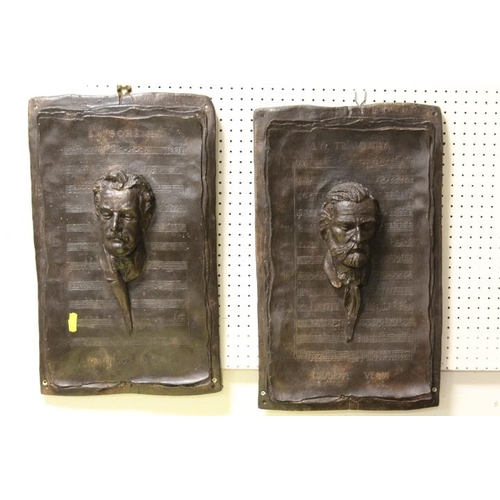 183 - TWO BRONZE EFFECT CLASSICAL MUSIC PLAQUES FEATURING PUCCINI AND VERDI