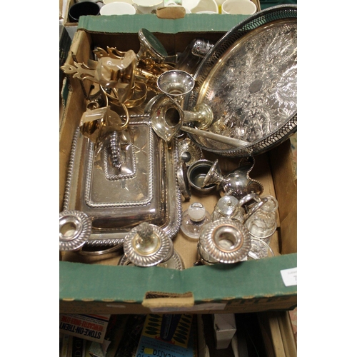 75 - A TRAY OF SILVER PLATED WARE TO INCLUDED A LIDDED TUREEN ETC TOGETHER WITH A TRAY OF CERAMICS GLASS ... 