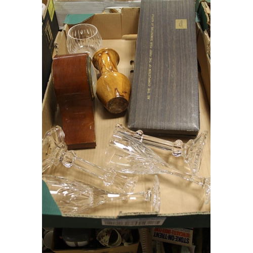 75 - A TRAY OF SILVER PLATED WARE TO INCLUDED A LIDDED TUREEN ETC TOGETHER WITH A TRAY OF CERAMICS GLASS ... 