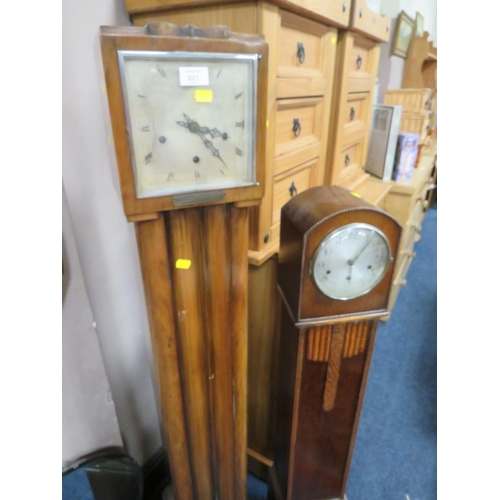 821 - A WALNUT CASED GRANDMOTHER CLOCK WITH A SMALLER OAK CLOCK (2)