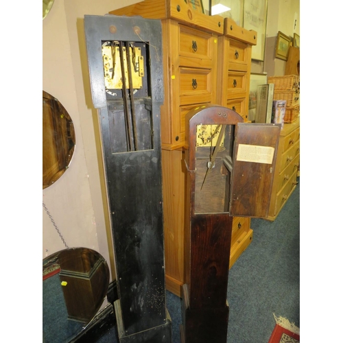 821 - A WALNUT CASED GRANDMOTHER CLOCK WITH A SMALLER OAK CLOCK (2)