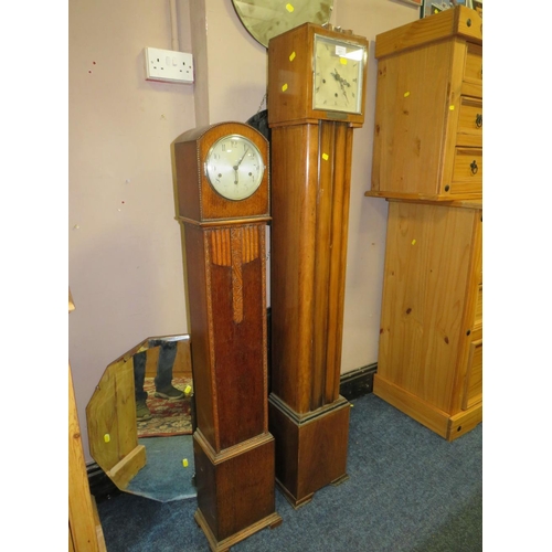 821 - A WALNUT CASED GRANDMOTHER CLOCK WITH A SMALLER OAK CLOCK (2)