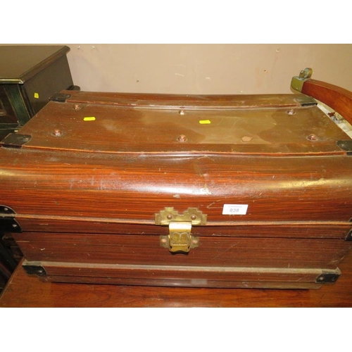 838 - A VINTAGE TIN TRUNK TOGETHER WITH A SMALL TRIPOD TABLE AND A WOODEN GRAIN BIN A/F