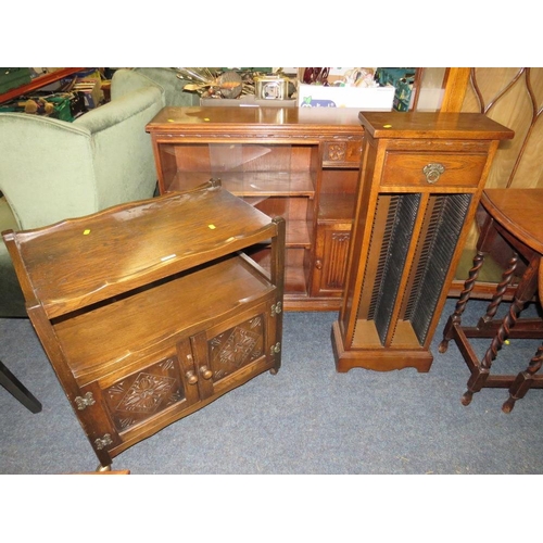 845 - AN OAK GLAZED BOOKCASE, TROLLEY AND CD TOWER (3)