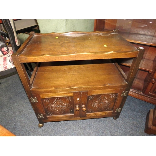 845 - AN OAK GLAZED BOOKCASE, TROLLEY AND CD TOWER (3)