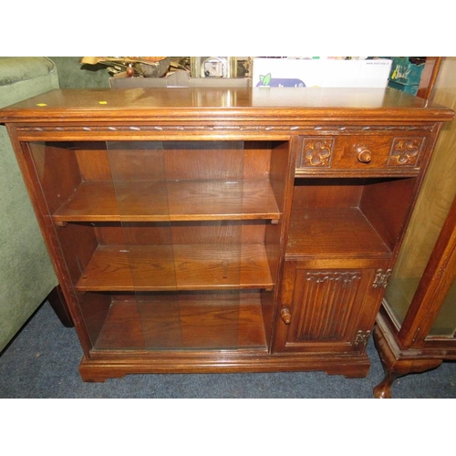 845 - AN OAK GLAZED BOOKCASE, TROLLEY AND CD TOWER (3)