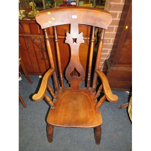 857 - A TRADITIONAL KITCHEN ARMCHAIR (REDUCED), TOGETHER WITH AN ANTIQUE OAK CHAIR