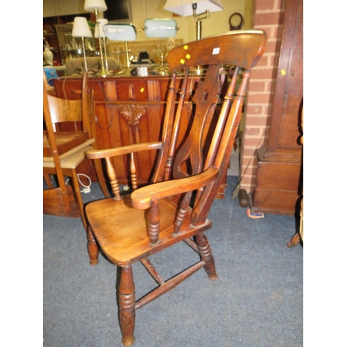 857 - A TRADITIONAL KITCHEN ARMCHAIR (REDUCED), TOGETHER WITH AN ANTIQUE OAK CHAIR