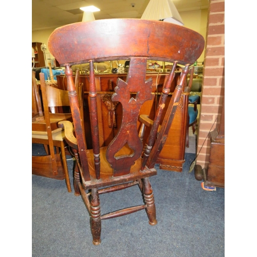 857 - A TRADITIONAL KITCHEN ARMCHAIR (REDUCED), TOGETHER WITH AN ANTIQUE OAK CHAIR