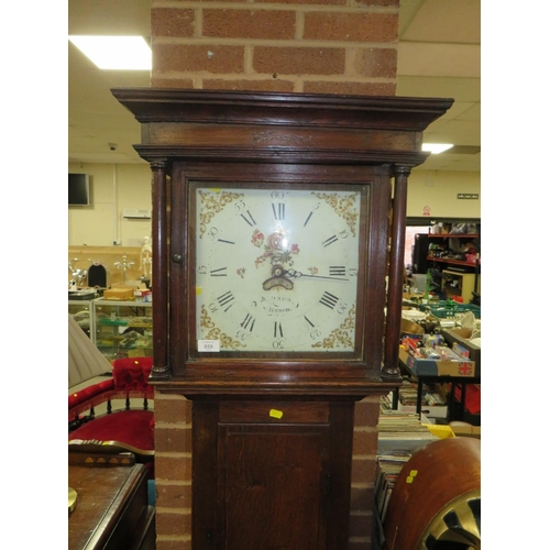 859 - A SMALL ANTIQUE 30 HOUR LONGCASE CLOCK WITH WEIGHT AND PENDULUM