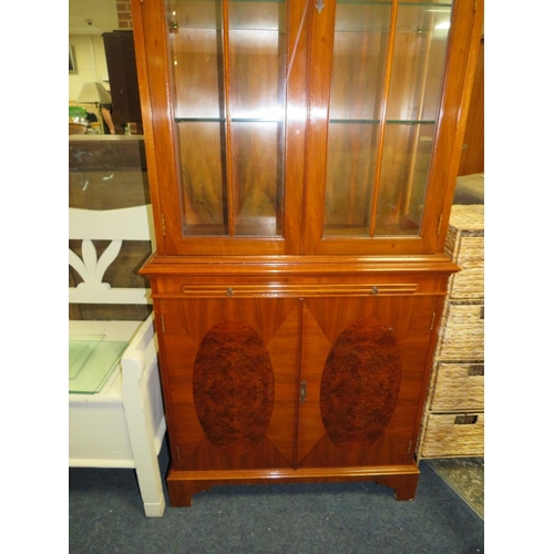 898 - A REPRODUCTION YEW SLIM GLAZED CABINET / BOOKCASE - H 206 cm, W 79 cm