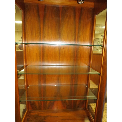 898 - A REPRODUCTION YEW SLIM GLAZED CABINET / BOOKCASE - H 206 cm, W 79 cm