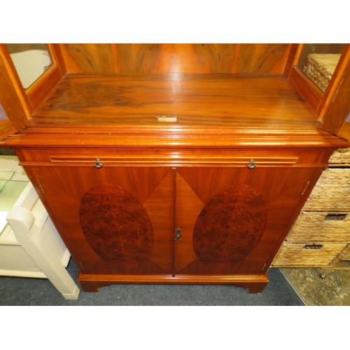 898 - A REPRODUCTION YEW SLIM GLAZED CABINET / BOOKCASE - H 206 cm, W 79 cm