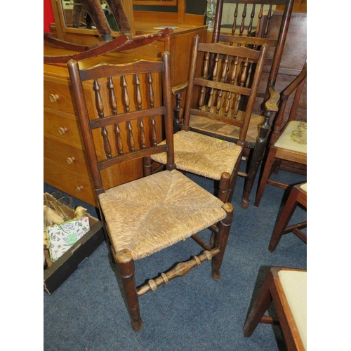 920 - THREE LANCASHIRE OAK SPINDLE BACK DINING CHAIRS TOGETHER WITH THREE GEORGIAN MAHOGANY DINING CHAIRS ... 