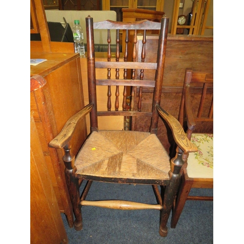 920 - THREE LANCASHIRE OAK SPINDLE BACK DINING CHAIRS TOGETHER WITH THREE GEORGIAN MAHOGANY DINING CHAIRS ... 