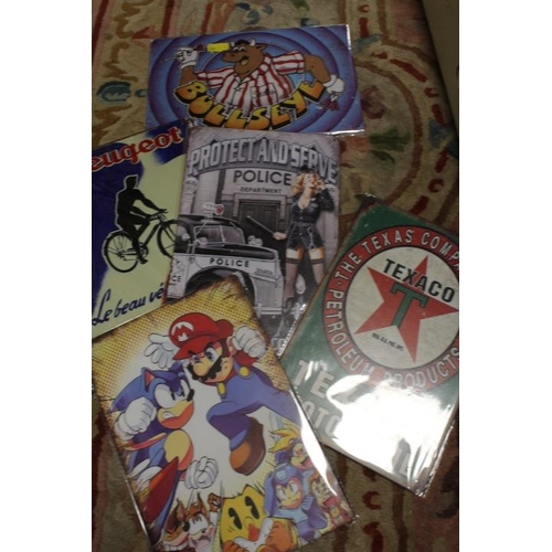 96 - A BOX OF METAL SIGNS TEXACO, MARIO ETC