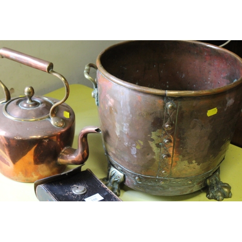 188 - A VINTAGE COPPER AND BRASS TWIN HANDLED TRUG WITH LION PAW FEET TOGETHER WITH A KETTLE AND A CAMERA