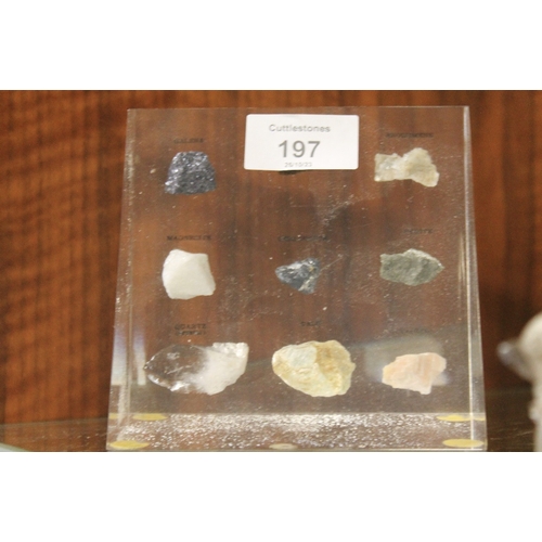 197 - A QUANTITY OF AMETHYST STYLE GEOLOGICAL ROCK EXAMPLE AND TWO ROCK EXAMPLE DISPLAYS