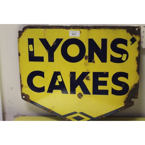 241 - A VINTAGE ENAMEL SIGN FOR LYONS' CAKES