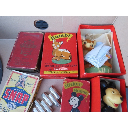 398 - A TRAY OF COLLECTABLES TO INCLUDE VINTAGE NATO HELMET, BINOCULARS, VINTAGE PLAYING CARDS, BAMBI & MI... 