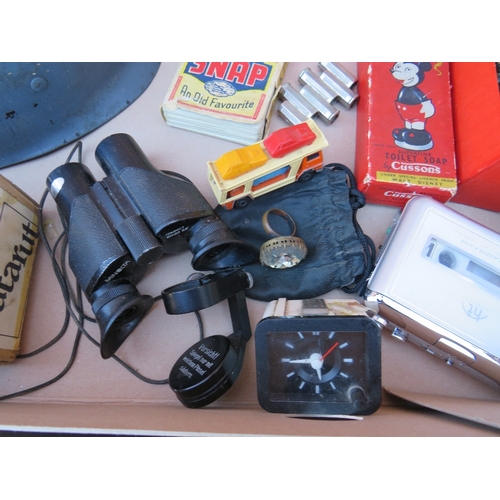 398 - A TRAY OF COLLECTABLES TO INCLUDE VINTAGE NATO HELMET, BINOCULARS, VINTAGE PLAYING CARDS, BAMBI & MI... 