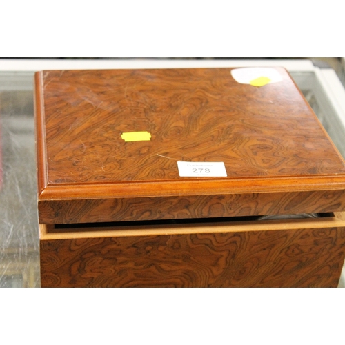 278 - A CIGAR HUMIDOR BOX CONTAINING CIGARETTE LIGHTERS, CIGAR CUTTERS, ETC