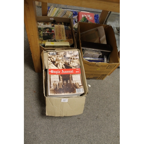 282 - FOUR TRAYS OF ASSORTED POSTCARDS, CIGARETTE CARDS, ETC TOGETHER WITH A BOX OF BLACK COUNTRY ANNUALS