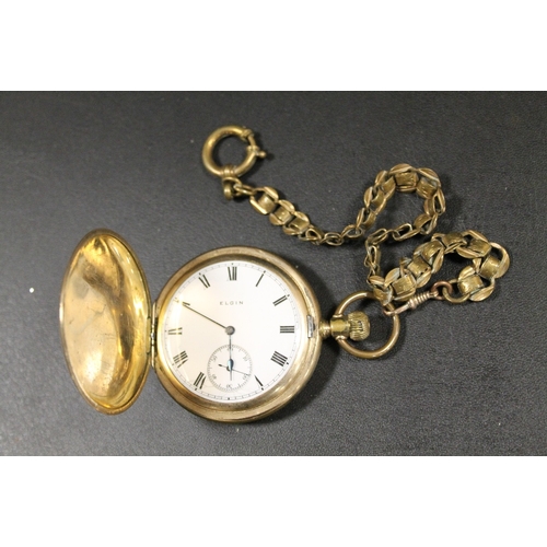 302 - AN ELGIN GOLD PLATED FULL HUNTER POCKET WATCH & CHAIN