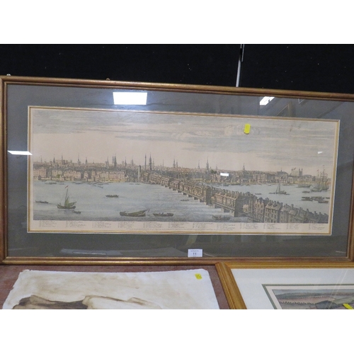 11 - A FRAMED AND GLAZED BIRDS EYE VIEW COLOURED ENGRAVING OF LONDON BRIDGE TOGETHER WITH TWO GILT FRAMED... 