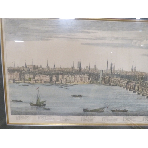 11 - A FRAMED AND GLAZED BIRDS EYE VIEW COLOURED ENGRAVING OF LONDON BRIDGE TOGETHER WITH TWO GILT FRAMED... 