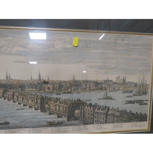 11 - A FRAMED AND GLAZED BIRDS EYE VIEW COLOURED ENGRAVING OF LONDON BRIDGE TOGETHER WITH TWO GILT FRAMED... 