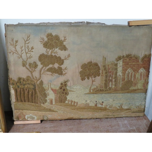 13 - AN ANTIQUE WOOLWORK WOODED RIVER SCENE WITH ANGLERS AND ABBEY RUINS