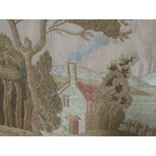 13 - AN ANTIQUE WOOLWORK WOODED RIVER SCENE WITH ANGLERS AND ABBEY RUINS