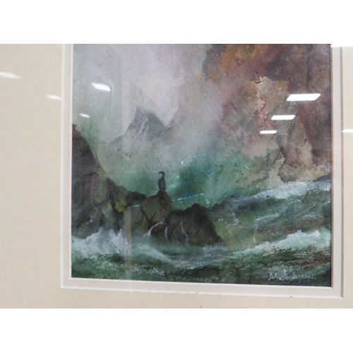 14 - A FRAMED AND GLAZED IMPRESSIONIST WATER COLOUR OF A BIRD UPON STORMY COASTAL ROCKS SIGNED LOWER RIGH... 