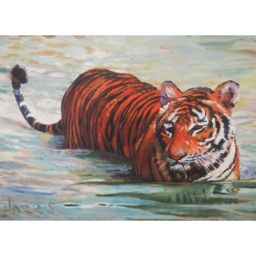 19 - A GILT FRAMED LIMITED EDITION ROLF HARRIS PRINT OF A WADING TIGER IN WATER 67/195