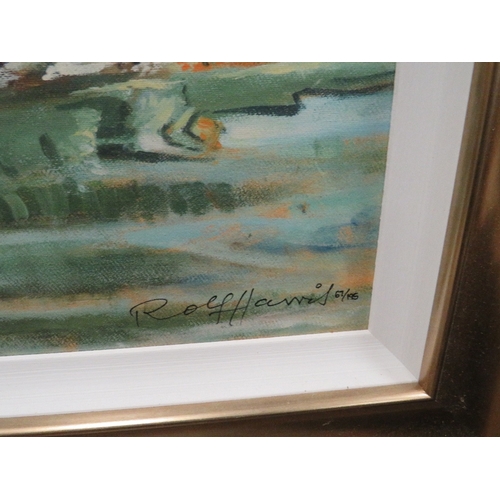 19 - A GILT FRAMED LIMITED EDITION ROLF HARRIS PRINT OF A WADING TIGER IN WATER 67/195