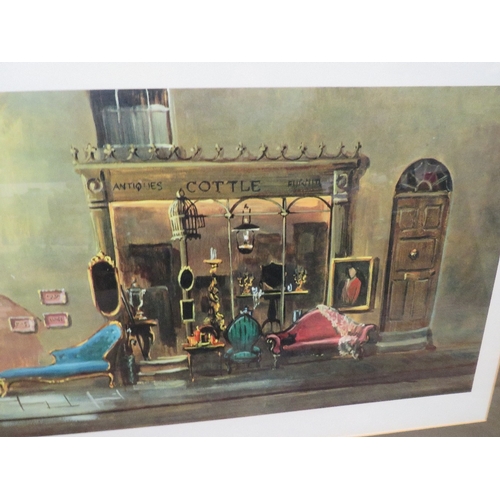 24 - A FRAMED AND GLAZED PRINT ENTITLED ANTIQUE SHOP BY DEBORAH JONES