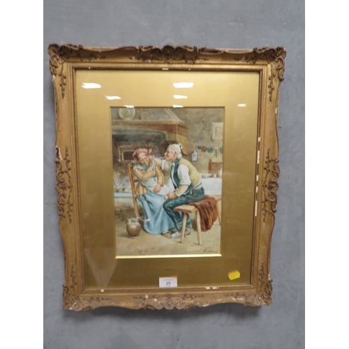 25 - A GILT FRAMED AND GLAZED ANTIQUE WATERCOLOUR OF A COUPLE IN A KITCHEN SIGNED LOWER RIGHT FERRINI